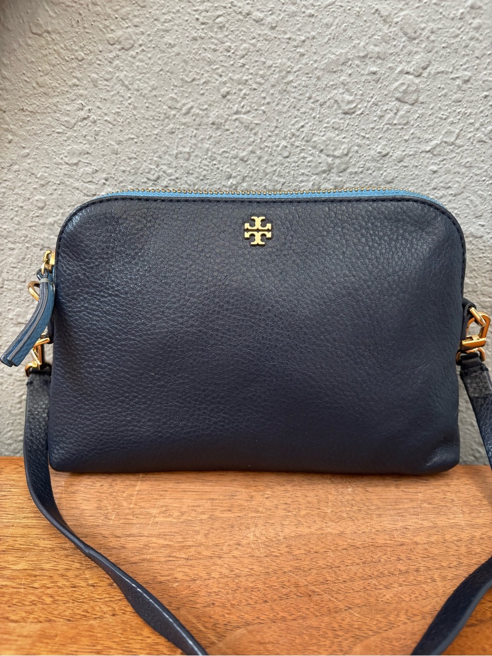 Tory Burch Pebbled Navy Leather Crossbody with Gold Hardware